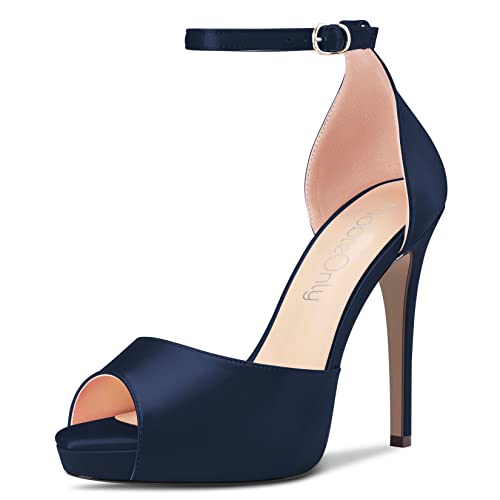 NobleOnly Damen Stiletto Hoher High Absatz Heel Plateau Plattform Knöchelriemen Sandalen Hochzeit Party Dress Römische 12 CM Heels Navy Blau 40 EU von NobleOnly