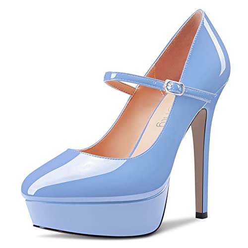 NobleOnly Damen Stiletto Hoher High Absatz Heel Plateau Plattform Runde Zehenkappe Pumps Mary Jane Party Hochzeit Dress 13 cm Heels Hellblau 37 EU von NobleOnly