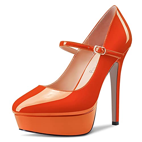 NobleOnly Damen Stiletto Hoher High Absatz Heel Plateau Plattform Runde Zehenkappe Pumps Mary Jane Party Hochzeit Dress 13 cm Heels Orange 39 EU von NobleOnly