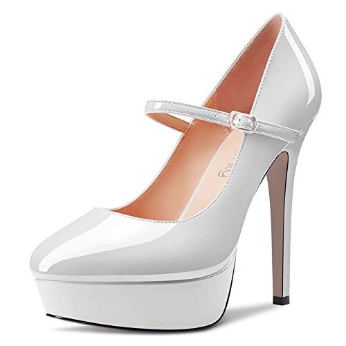 NobleOnly Damen Stiletto Hoher High Absatz Heel Plateau Plattform Runde Zehenkappe Pumps Mary Jane Party Hochzeit Dress 13 cm Heels Weiß 38 EU von NobleOnly