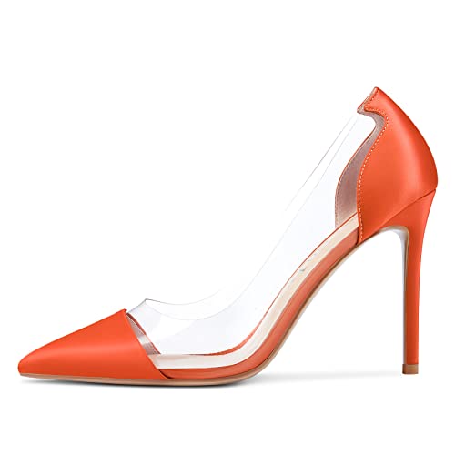 NobleOnly Damen Stiletto Hoher High Absatz Heel Spitze Zehenkappe Pumps Slip-on Clear Hochzeit Party 10 cm Heels Orange Satin 41 EU von NobleOnly