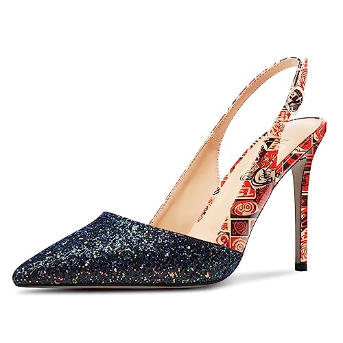 NobleOnly Damen Stiletto Hoher High Absatz Heel Spitze Zehenkappe Slingback Pumps Glitzer Patchwork Abschlussball Sexy Schuhe 10 cm Heels Mehrfarbig B 43 EU von NobleOnly