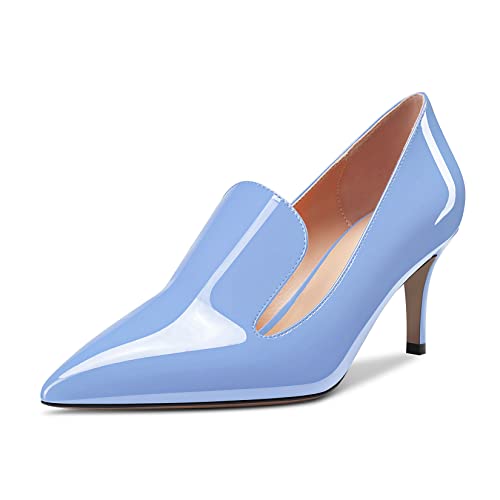 NobleOnly Damen Stiletto Kitten Absatz Heel Geschlossene Dress Spitze Zehenkappe Slip-on Pumps 6.5 cm Heels Hochzeit Büroschuhe Party Schuhe Hellblau 39 EU von NobleOnly