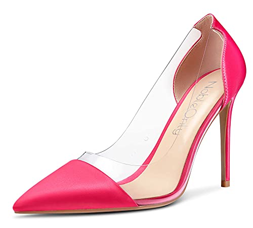 NobleOnly Damen Transparent High Heels Pumps Spitze Zehe Stilettos 10CM Heel Pink Satin Schuhe EU 37 von NobleOnly