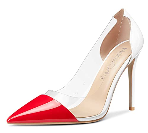 NobleOnly Damen Transparent High Heels Pumps Spitze Zehe Stilettos 10CM Heel Rot Weiß Lackleder Schuhe EU 40.5 von NobleOnly