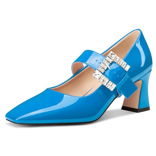 NobleOnly Mary Jane Schuhe Damen Chunky Blockabsatz Absatz Heel Knöchelriemen Dress Geschlossene Eckige Zehenkappe Pumps Diamant Schnalle 7 cm Heels Blau 35 EU von NobleOnly