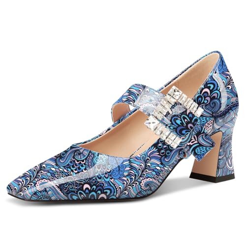 NobleOnly Mary Jane Schuhe Damen Chunky Blockabsatz Absatz Heel Knöchelriemen Dress Geschlossene Eckige Zehenkappe Pumps Diamant Schnalle 7 cm Heels Blau Mehrfarbig 36 EU von NobleOnly