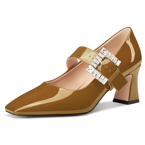 NobleOnly Mary Jane Schuhe Damen Chunky Blockabsatz Absatz Heel Knöchelriemen Dress Geschlossene Eckige Zehenkappe Pumps Diamant Schnalle 7 cm Heels Braun 42 EU von NobleOnly