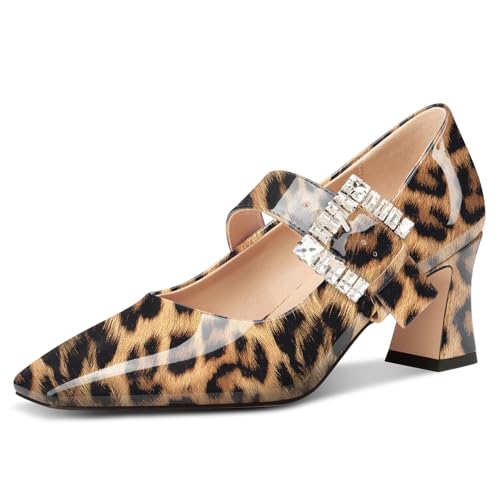 NobleOnly Mary Jane Schuhe Damen Chunky Blockabsatz Absatz Heel Knöchelriemen Dress Geschlossene Eckige Zehenkappe Pumps Diamant Schnalle 7 cm Heels Braun Leopard 36 EU von NobleOnly