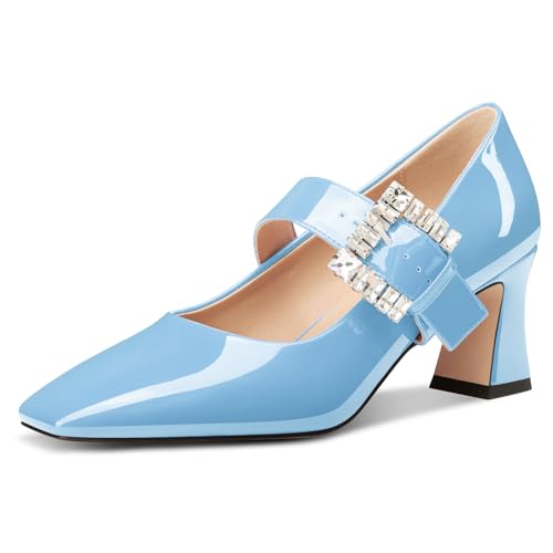 NobleOnly Mary Jane Schuhe Damen Chunky Blockabsatz Absatz Heel Knöchelriemen Dress Geschlossene Eckige Zehenkappe Pumps Diamant Schnalle 7 cm Heels Himmelblau 40 EU von NobleOnly