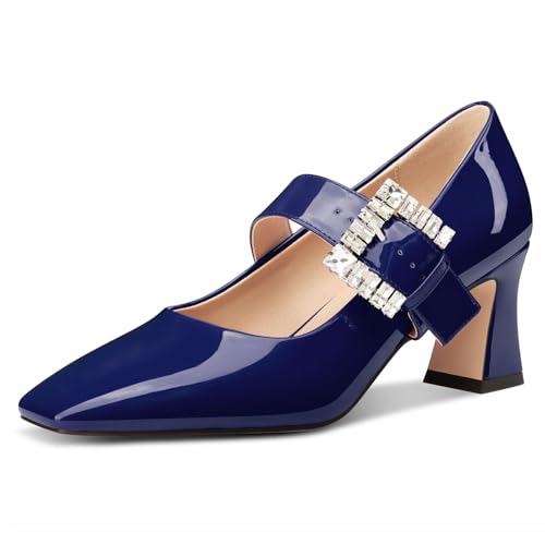 NobleOnly Mary Jane Schuhe Damen Chunky Blockabsatz Absatz Heel Knöchelriemen Dress Geschlossene Eckige Zehenkappe Pumps Diamant Schnalle 7 cm Heels Marineblau 35 EU von NobleOnly