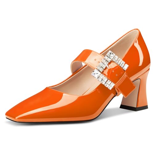 NobleOnly Mary Jane Schuhe Damen Chunky Blockabsatz Absatz Heel Knöchelriemen Dress Geschlossene Eckige Zehenkappe Pumps Diamant Schnalle 7 cm Heels Orange 35 EU von NobleOnly