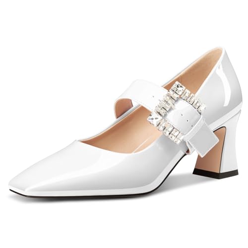 NobleOnly Mary Jane Schuhe Damen Chunky Blockabsatz Absatz Heel Knöchelriemen Dress Geschlossene Eckige Zehenkappe Pumps Diamant Schnalle 7 cm Heels Weiß 35 EU von NobleOnly