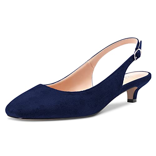 NobleOnly Stiletto Niedrige Kitten Absatz Heel Geschlossene Zehenkappe Slip-on Pumps Slingback Schnalle Dress Sandalen 3.5 CM Heels Schuhe Navy Blau 35 EU von NobleOnly