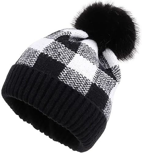 NociHah Wintermützen für Damen und Herren – Beanie mit Kuhmuster, Schachbrettmuster, gestrickt, weich, warm, lässig, Totenkopf-Skimütze (DE/NL/SE/PL, Alphanumerisch, M, Schwarz-Weiss) von NociHah