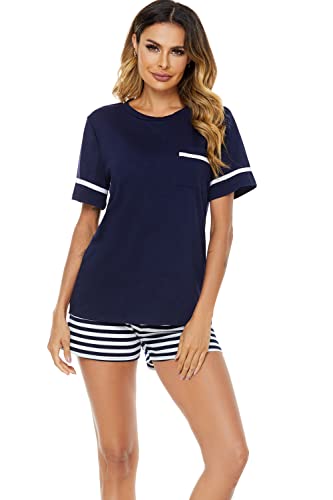 Nofaner Schlafanzug Damen, Pyjama Damen Lang Baumwolle Zweiteiliger Hausanzug kuschelig Katzendruck und Polka Dot Schlafanzughose Sleepewear Loungewear (Marineblau Kurz, XXL) von Nofaner