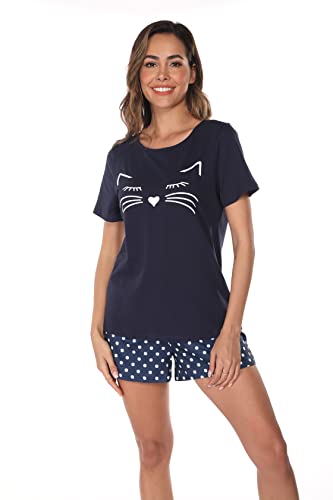 Nofaner Schlafanzug Damen, Pyjama Damen Lang Baumwolle Zweiteiliger Hausanzug kuschelig Katzendruck und Polka Dot Schlafanzughose Sleepewear Loungewear (as3, Alpha, l, Regular, Regular, Kurzarm Blau) von Nofaner