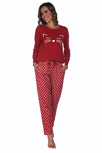 Nofaner Schlafanzug Damen, Pyjama Damen Lang Baumwolle Zweiteiliger Hausanzug kuschelig Katzendruck und Polka Dot Schlafanzughose Sleepewear Loungewear (as3, Alpha, x_l, Regular, Regular, Rot) von Nofaner