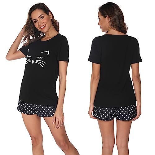 Schlafanzug Damen, Pyjama Damen Lang Baumwolle Zweiteiliger Hausanzug kuschelig Katzendruck und Polka Dot Schlafanzughose Sleepewear Loungewear (as3, alpha, s, regular, regular, Kurzarm Schwarz) von Nofaner