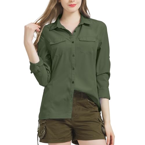 Nogwas Bluse Damen Elegant V-Ausschnitt Hemd Freizeithemd Langarm Hemd Wanderhemd für Angeln Safari Reisen Golf,5073,Army Green,XL von Nogwas