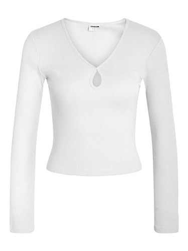 Noisy may Damen Einfarbiges Langarm Shirt Geripptes Basic Top mit Loch Ausschnitt Stretch Oberteil NMMAYA, Farben:Weiß-2, Größe:M von Noisy may