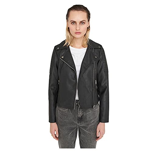 Noisy may Damen Kunstleder Jacke Biker Jacket Übergangsjacke Langarm Shacket PU Coated NMREBEL, Farben:Schwarz-2, Größe:XS von Noisy may