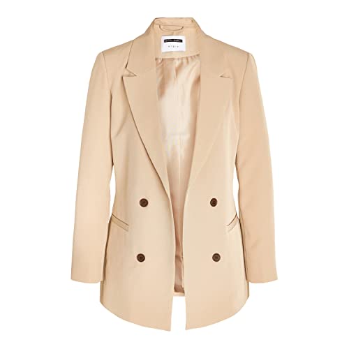 Noisy may Eleganter Blazer Tailliert mit Taschen Langer Basic Cardigan Business Jacke Mantel NMVIVIAN, Farben:Beige,Größe Damen:L von Noisy may