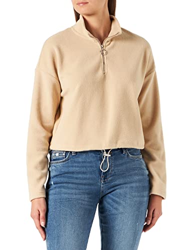 Noisy May Damen Kurzer Fleece Pullover | Rundhals Half Zip Shirt Longsleeve | Einstellbarer Bund NMMISSER, Farben:Beige, Größe:S von Noisy may