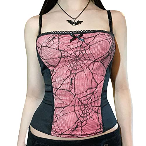 Damen Y2k Gothic Crop Top Spaghetti-Träger Spitze Tank Tops E-Mädchen Goth Punk Camisole Ärmelloses Aesthetic Camis Emo Grunge Outfit (Rosa, S) von Nokiwiqis