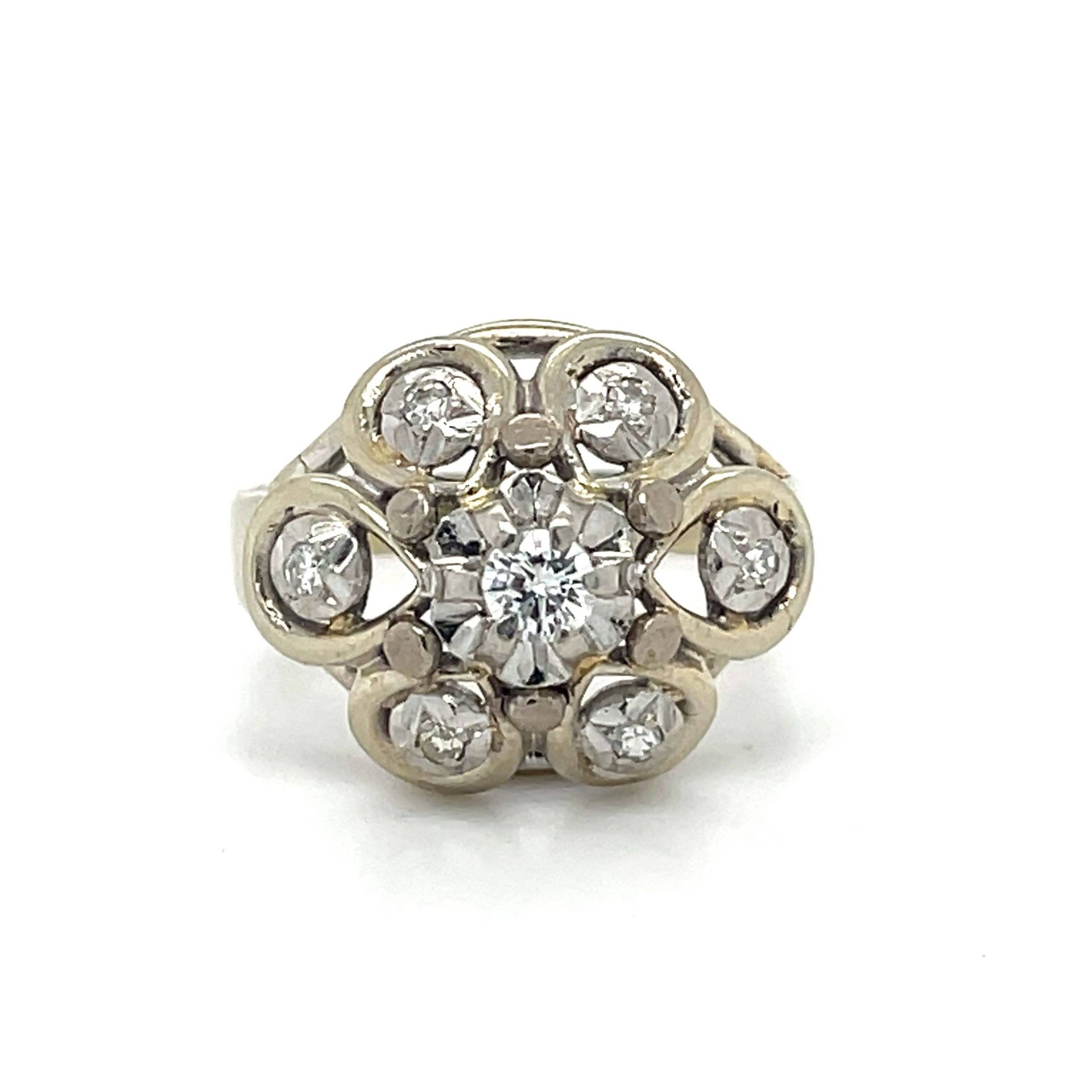 Vintage Blumen Ring, 0.10Ct Naturdiamant, 18K Weißgold Und Platin Nachlass Schmuck, Kuppel Chunky Boho Diamant Ring von NolaJewelryShop