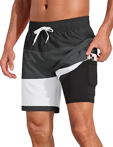 Nonwe Herren-Badehose mit Kompressionsfutter, schnell trocknend, 17,8 cm, tropische Boardshorts mit Futtertasche, Schwarz / Grau, 6 von Nonwe