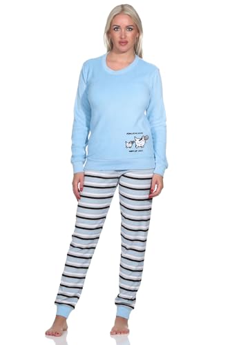 Normann Damen Frottee Pyjama, Hose gestreift, Oberteil mit süssen Tiermotiv, Farbe:blau, Größe:48-50 von Normann