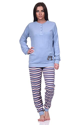 Normann Damen Frottee Pyjama, Schlafanzug Langarm mit süßem Katzen-Motiv, Farbe:hellblau, Größe:44-46 von Normann