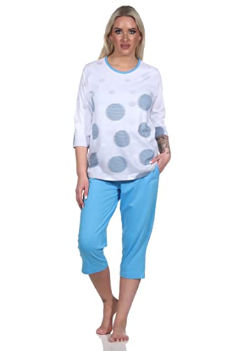 Normann Damen Kurzarm Capri Schlafanzug in Tupfen-Punkte Optik - auch in Übergrössen, Farbe:blau, Größe:48-50 von Normann