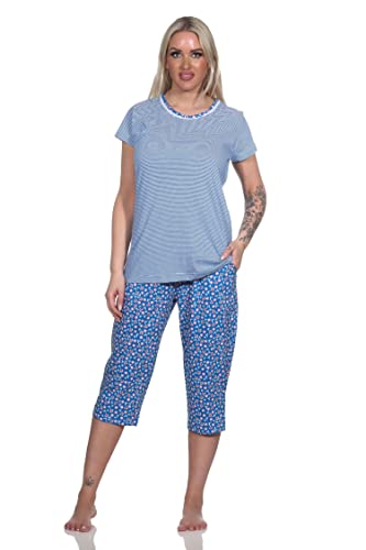 Normann Damen Kurzarm Schlafanzug mit Caprihose, Top gestreift, Hose floral Bedruckt, Farbe:Marine, Größe:36-38 von Normann