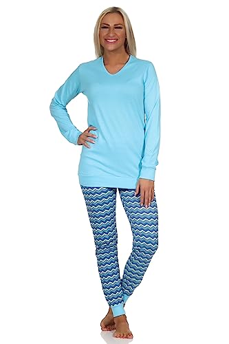 Normann Damen Pyjama, Schlafanzug lang mit V-Hals & Bündchen im Ethno-Look, Farbe:blau, Größe:48-50 von Normann