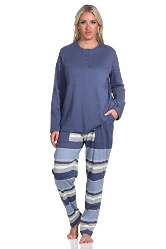 Normann Damen Pyjama lang Schlafanzug mit gestreifter Hose in kuscheliger Interlock Qualität, Farbe:blau-Melange, Größe:44/46 von Normann