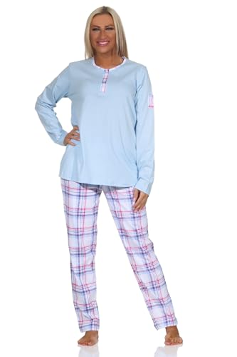 Normann Damen Schlafanzug Langarm mit Karierter Jersey Hose - auch in Übergröße, Farbe:hellblau, Größe:36-38 von Normann
