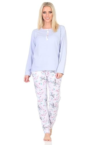 Normann Damen Schlafanzug lang mit Pyjamahose in floralem Schmetterlings Print, Farbe:hellblau, Größe:48-50 von Normann