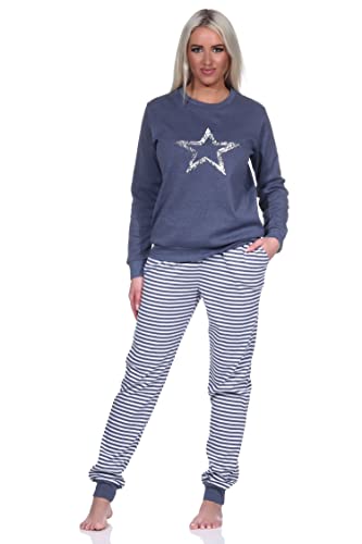 Normann Kuscheliger Damen Pyjama mit Bündchen, gestreifter Hose + Sternmotiv - auch in Übergrößen, Farbe:blau-Melange, Größe:60/62 von Normann