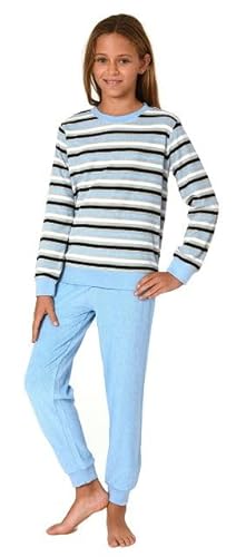 Normann Mädchen Frottee Pyjama in Ringel-Optik, Warmer Schlafanzug mit Bündchen, Farbe:blau, Größe:140 von Normann