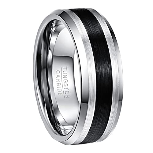 NUNCAD Hochzeit Ring Verlobungsring Ring für Geburstag Ring Fashion aus Wolfram Silber mit Schwarz Hochpoliert Schwarze Streifen 8mm Größe 65 (20.7) von NUNCAD