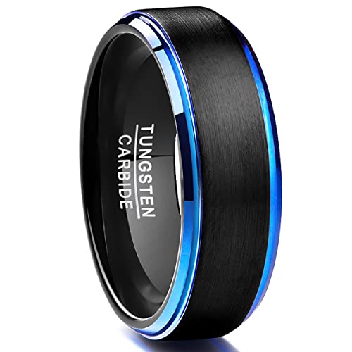 NUNCAD Damen Herren Unisex Ring aus Wolfram 8mm Schwarz mit Blauen Ränden Gebürstet Comfort Fit für Hochzeit Verlobung Valentinstag Größe 54.4 (17.3) von NUNCAD