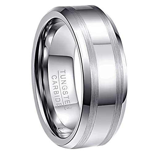 NUNCAD Herren Damen Partner Ring aus Wolfram 8mm Silber mit 2 Gebürsteten Streifen für Hochzeit Verlobung Geburtstag Jahrestag Lifestyle Größe 63.4 von NUNCAD