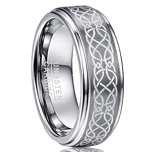 NUNCAD Ring Herren/Damen 8mm Wolfram mit Keltischen Knoten Design Silber, Ehering, Ring Hochzeit, Ring Verlobung, Größe 65 (20.7) von NUNCAD