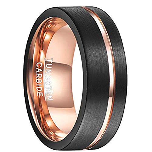 NUNCAD Ring Wolfram Schwarz Roségold für Herren Damen Aufarbeitung durch Mattierung und rosegoldenem Einschnitt perfekt für Hochzeit Verlobung und Veranstaltung Größe 63.4 (20.2) von NUNCAD