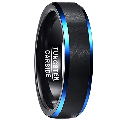 NUNCAD Herren Damen Partner Ring aus Wolfram 6mm Schwarz mit Blauen Ränden Matt für Hochzeit Valentinstag Party Hobby Größe 60.0 (19.1) von NUNCAD