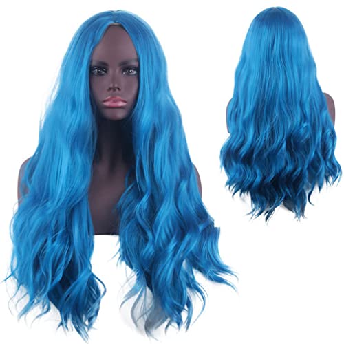 Nunubee Perücke Damen Lange Perücke Naturhaar Silber Welliges Haar Natürlich Leichtes Haar Perücke Fransenhaar Perücke Cosplay, Dunkelblau#7,31Inch von Nunubee