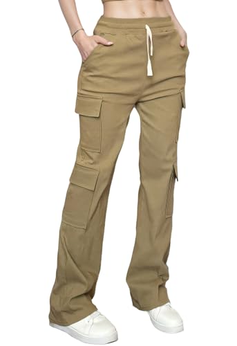 Nuofengkudu Cargohose Damen High Waist Gummibund Straight Arbeitshose 6 Taschen Stretch Cargo Hose Y2K Locker Outdoorhose Funktionshose Lange Weites Teenager Mädchen Freizeithose Gothic Khaki L von Nuofengkudu