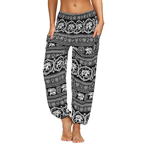 Nuofengkudu Damen Hippie Hosen mit Taschen Haremshosen Yogahosen Leichte Boho Muster High Waist Yoga Hosen Bunt Gemustert Lockere Pumphose Freizeithose Sommer Strand(X-Schwarzer Elefant,One Size) von Nuofengkudu